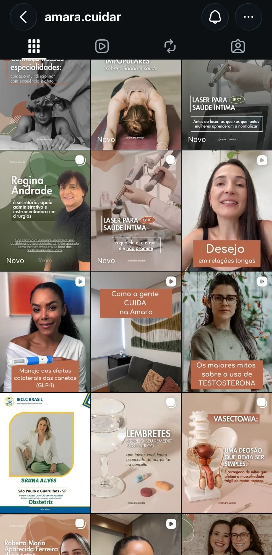 Grade do perfil @amara.cuidar no Instagram, com publicações sobre especialidades, equipe, laser para saúde íntima e vasectomia