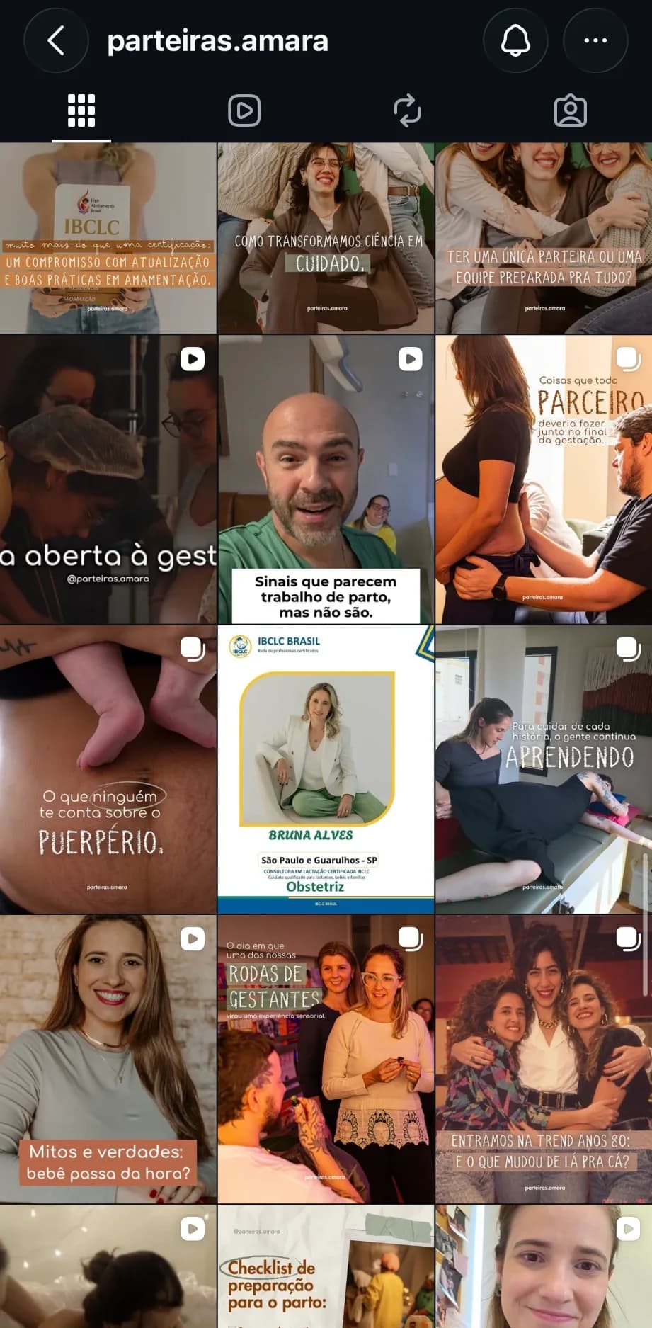 Grade do perfil @parteiras.amara no Instagram, com publicações sobre amamentação, puerpério e rodas de gestantes