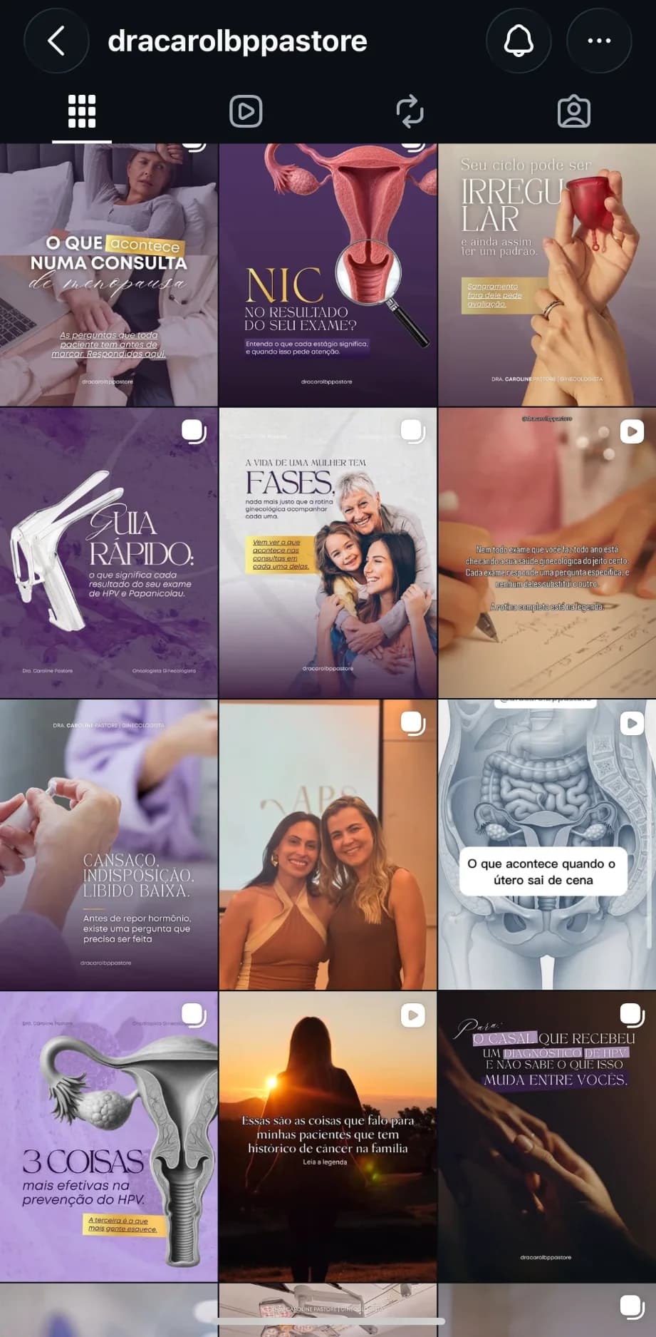 Grade do perfil @dracarolbppastore no Instagram, com publicações sobre menopausa, HPV e exames ginecológicos
