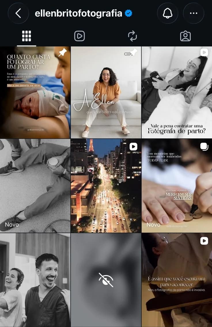 Grade do perfil @ellenbritofotografia no Instagram, com publicações sobre fotografia de parto