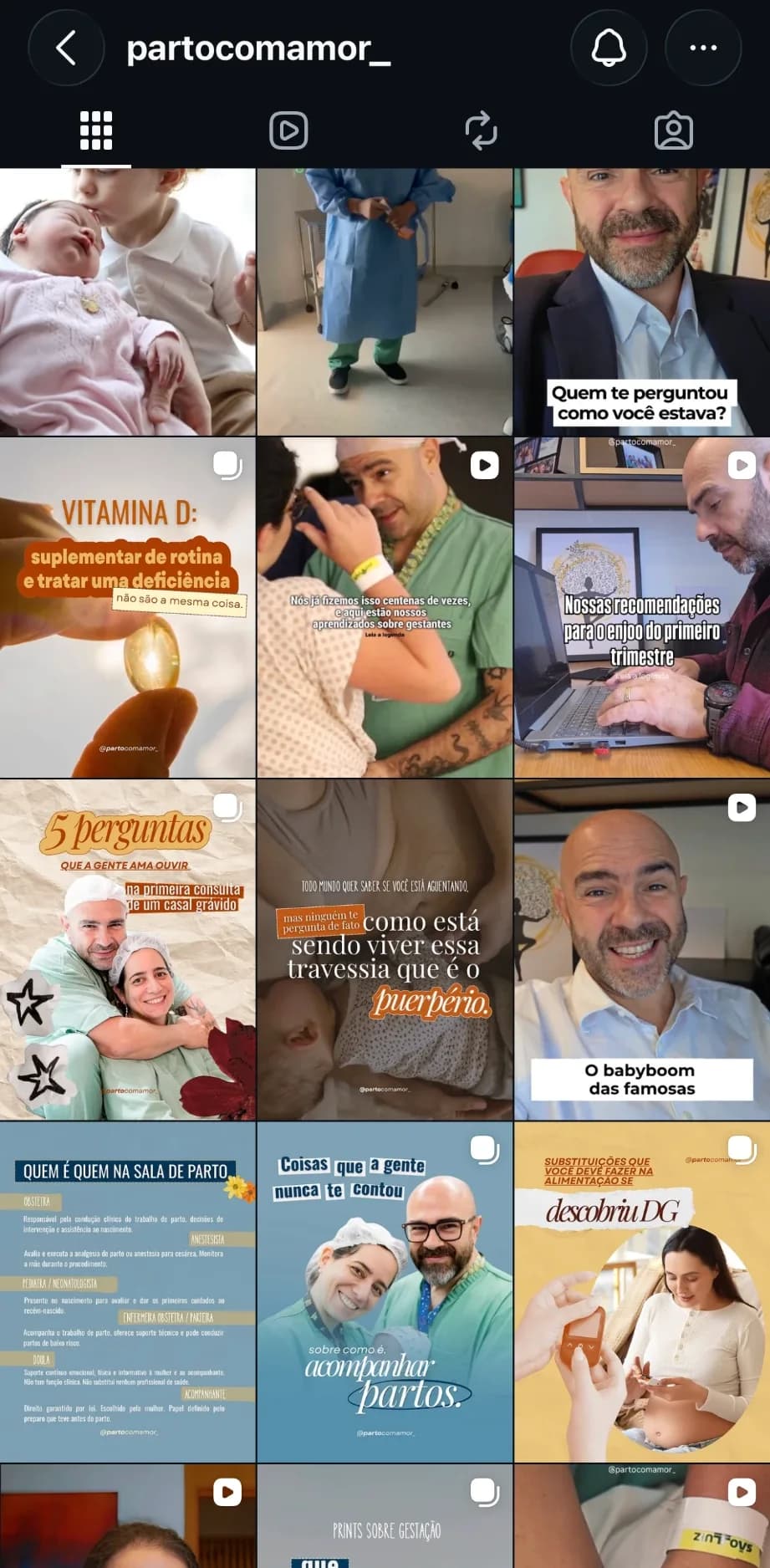 Grade do perfil @partocomamor_ no Instagram, com vídeos da equipe e publicações sobre gestação e puerpério