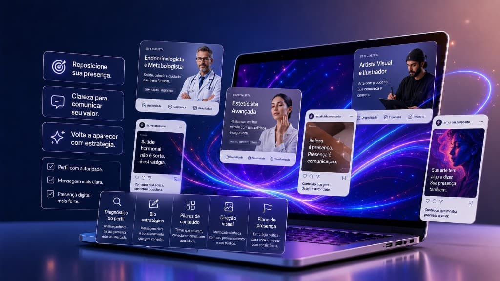 Visualização do trabalho de reposicionamento da DIFSTART com bio, pilares de conteúdo e direção visual.