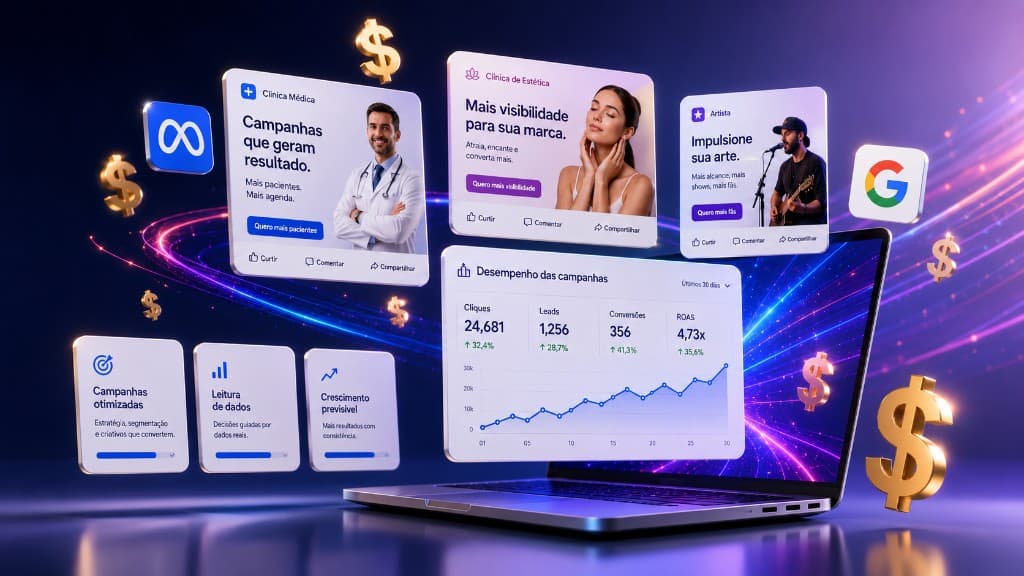 Painel de campanhas de tráfego pago da DIFSTART com leitura de cliques, leads, conversões e ROAS.